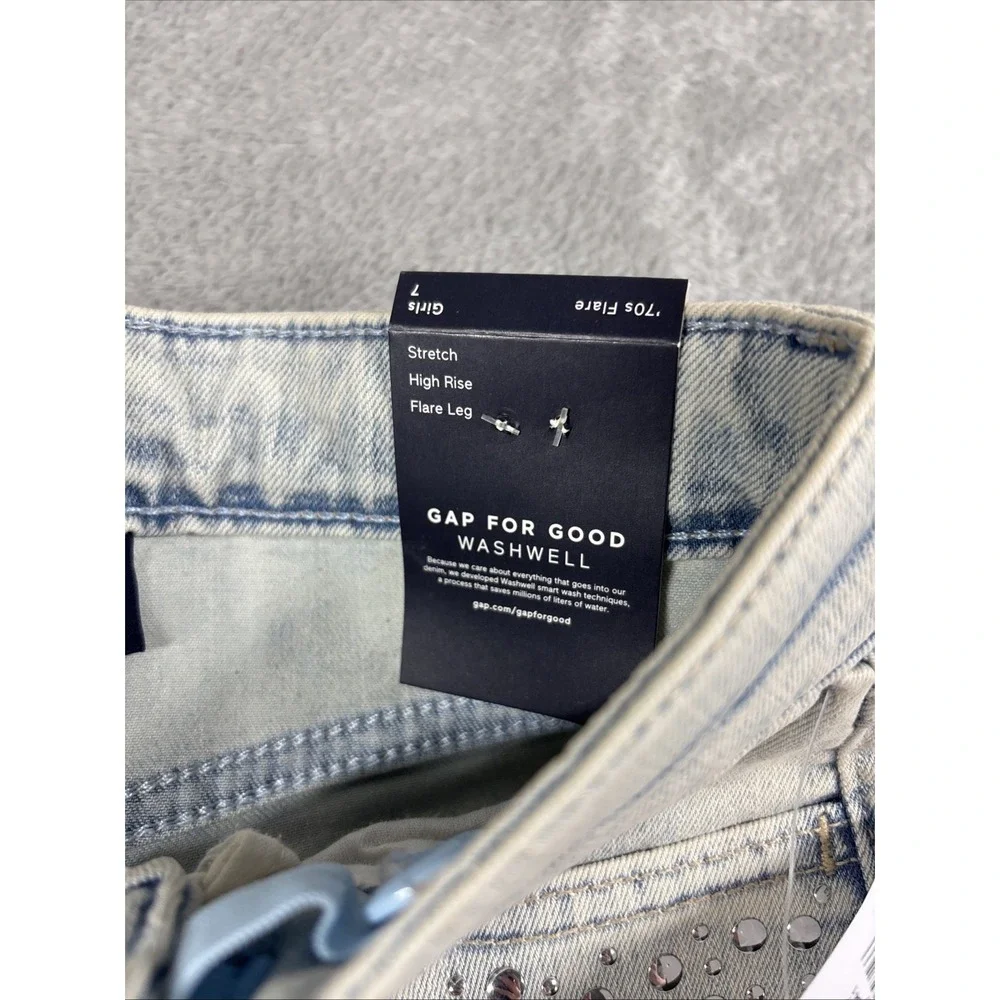GAP Denim Girls' 70's Flare Stretch‎ Adjustable Waist Studded Jeans Light 7 NWT